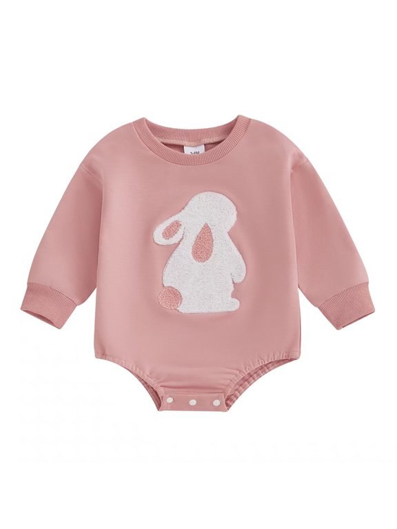 Easter Baby Boy Girl Clothes Easter Bunny Embroidered Bubble Romper Crewneck Long Sleeve Bodysuits Sweatshirt One Piece Outfits 12-18 Months