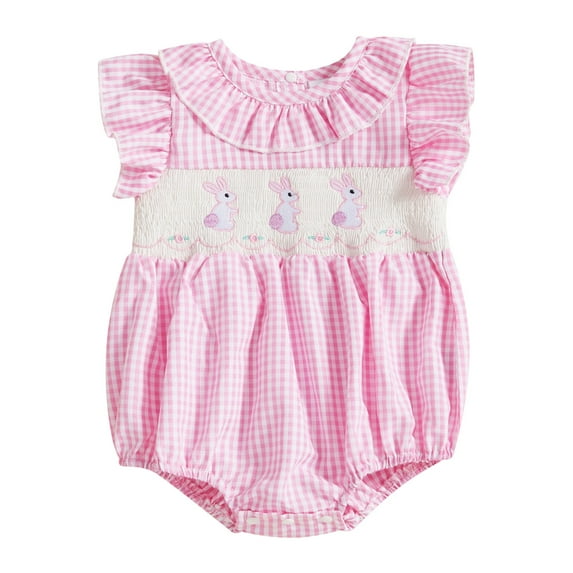 RMGVDSD Easter Baby Girl Outfit Bunny Embroidery Smocked Romper Plaid Bodysuit Onesie Cute Toddler Summer Clothes 6-12 Months