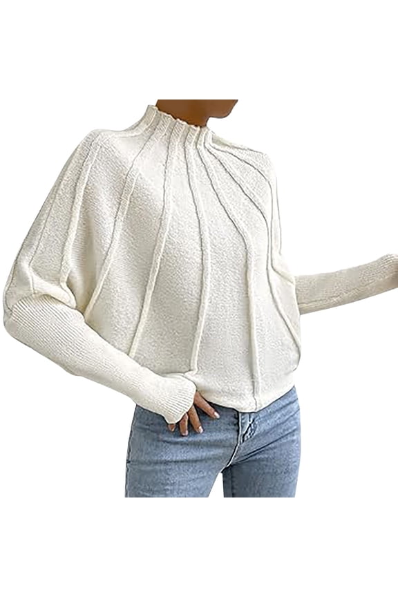 Fall Sweaters For Women Turtleneck Oversized Long Sleeve Knit Pullover A Shaped Woven Strip Sweater Tops Solid Color Pullover Knit Sweater Top /White