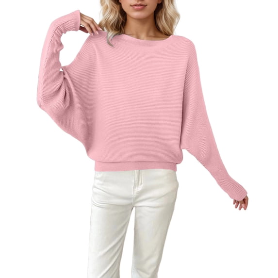 RMGVDSD Fall Sweaters for Women Batwing Sleeve Pullover Sweater Knit Crew Neck Long Sleeve Tops Solid Color Casual Fashion Fall Winter Clothes,Size S