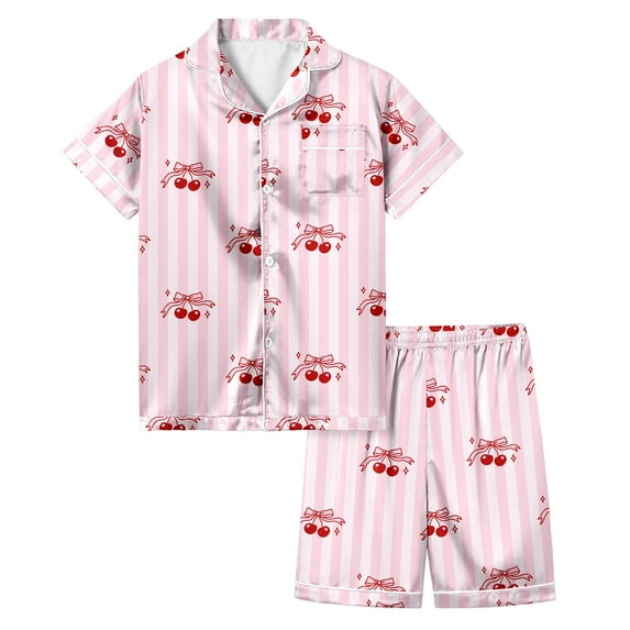 RMGVDSD Fashion Cute Girls Pajamas Girls' Bow Knot Printed Pajamas Short Sleeved Button Down Shirt Tops Shorts Sleepwear Set Cute Nightwear Outfit
