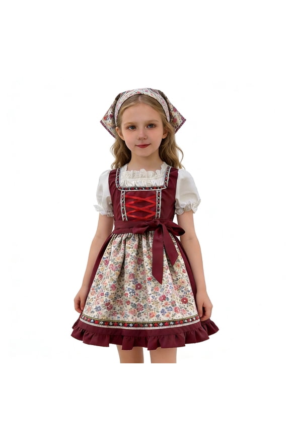 Fashion Girls Dress Traditional Style German Dirndl Dress Puff Sleeve Dresses With Apron For Oktoberfest Vintage Party Clothes 9-10 Years