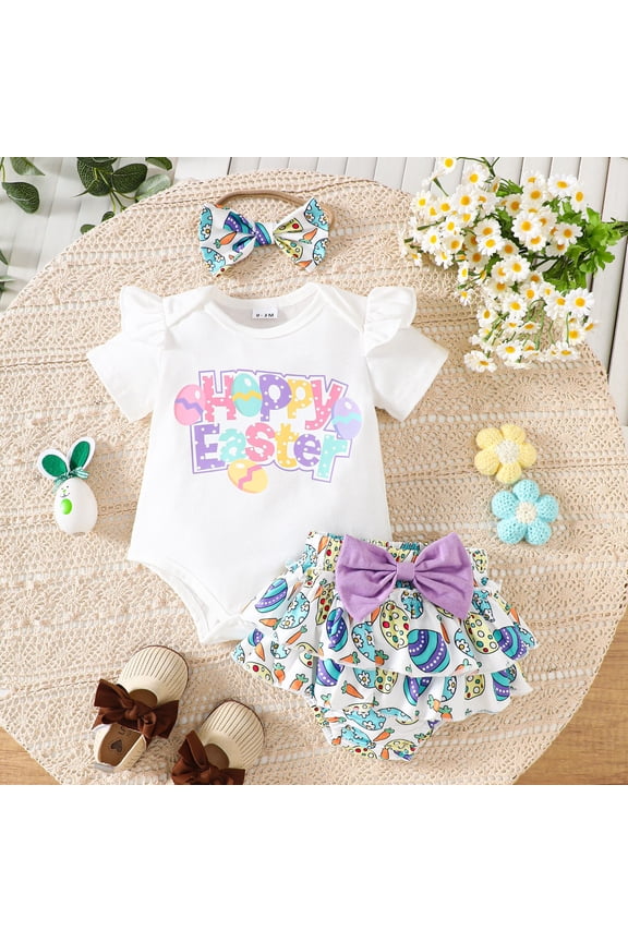 My First Easter Baby Girl Outfit Short Sleeve Romper Bodysuits Happy Easter Cartoon Prints Ruffle Shorts With Headband Set School Athletic Outfit