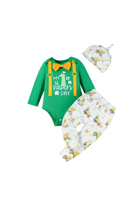 My First St Patricks Day Baby Boy Girl Outfit Long Sleeve Letter Romper Bodysuit Onesie Cartoon Print Pants Hat 3Pcs Clothes Set Classic Outfits Set