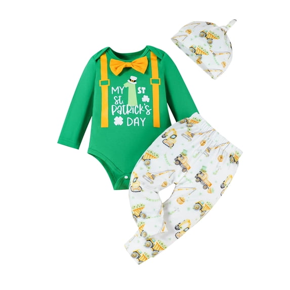 RMGVDSD My First St Patricks Day Baby Boy Girl Outfit Long Sleeve Letter Romper Bodysuit Onesie Cartoon Print Pants Hat 3Pcs Clothes Set Fashionable Clothes