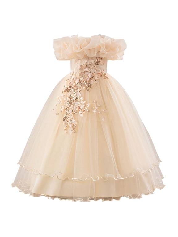 Flower Girl Dresses Elegant Girls Dresses Lace Embroidery Off The Shoulder Tulle Dress Formal Princess Pageant Wedding Party Gown 11 Years