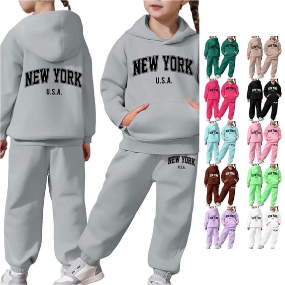 RMGVDSD Girl'S Graphic Sweatsuit Hoodie Sweatpants Sets Girls Fall Outfits Letter Print Long Sleeve Hooded Sweatshirts Pants 2 Piece Set 2-3 Years