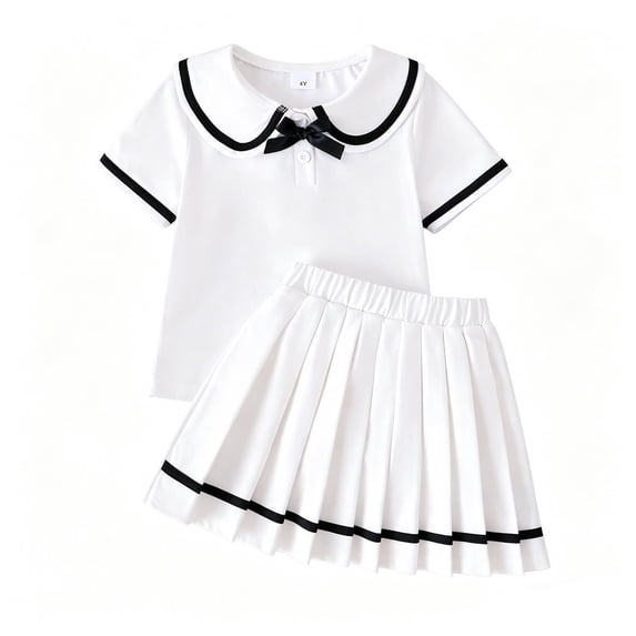 RMGVDSD Girl's 2 Piece Outfits Summer Girls Outfits Set Preppy Style Short Sleeve Collar T Shirt + Pleated Skirt Short Skirts Two Piece Set 4 Years