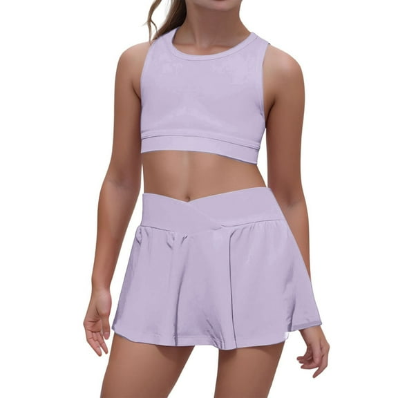 RMGVDSD Girl's 2 Piece Workout Outfits Girls Clothing Athletic Sets Solid Color Sleeveless Tank Tops And Shorts Set Comfortable Casual Sportswear Suit Light Purple L