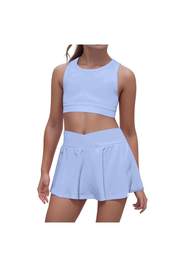 Girl's 2 Piece Workout Outfits Girls Clothing Athletic Sets Solid Color Sleeveless Tank Tops And Shorts Set Comfortable Casual Sportswear Suit Sky Blue XL