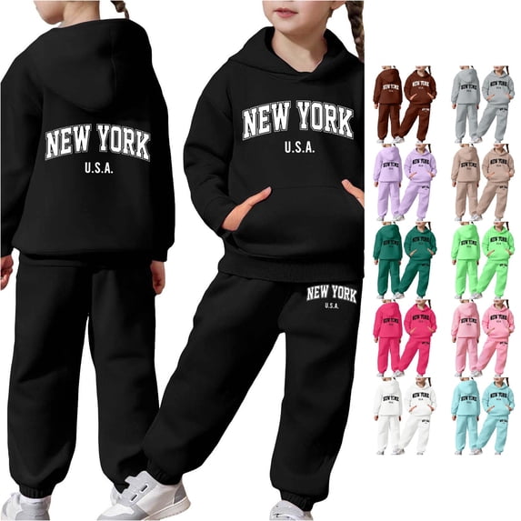RMGVDSD Girl's Graphic Sweatsuit Hoodie Sweatpants Sets Girls Fall Outfits Letter Print Long Sleeve Hooded Sweatshirts Pants 2 Piece Set 4-5 Years