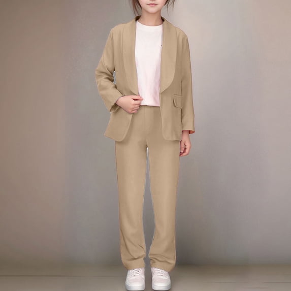 RMGVDSD Girls 2 Piece Outfits Button Front Long Sleeve Blazer Jacket And Pants Suit Solid Color Shawl Collar Formal Blazers Pants Sets Versatile Party Wear