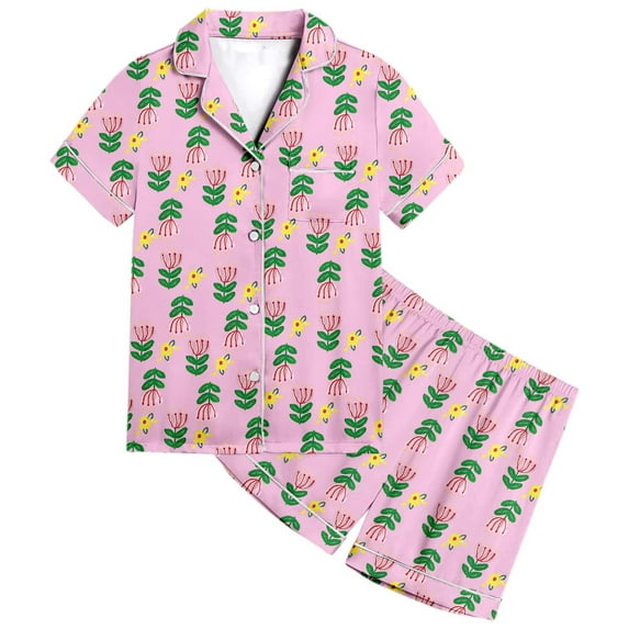 RMGVDSD Girls 2Pcs Pajama Sets Floral Print Kids Short Sleeve Button Down Shirt And Shorts Set Summer Sleepwear Outfits Leisure Nightwear for 8-9 Years