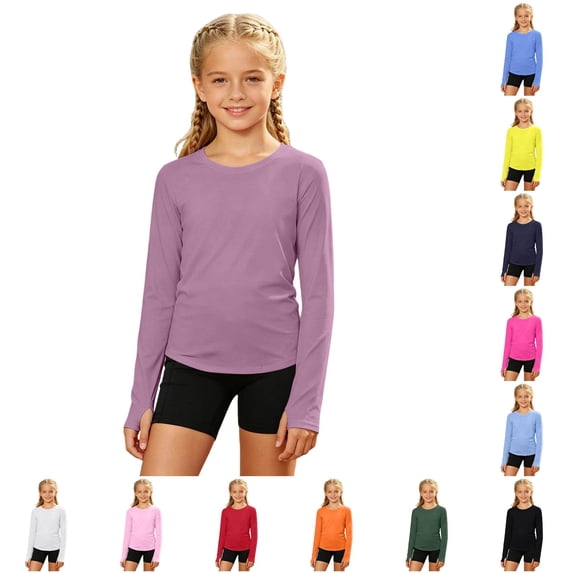 RMGVDSD Girls Athletic Shirts Long Sleeve T-Shirts Crew Neck Basic Tee Tops Kids Lightweight Solid Color Sports Tshirts 11-12 Years