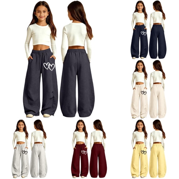 RMGVDSD Girls Baggy Sweatpants Fashion Heart Print Curved Leg Athletic Pants Elastic Waist Drawstring Trousers Casual School Pants for Girls 10-11 Years