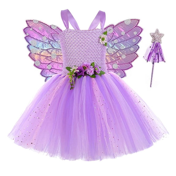 RMGVDSD Girls Birthday Dress Toddler Girls Sleeveless Suspenders Dance Party Dresses Clothes Wand Headband Wing Set Easter Outfit 3-4 Years