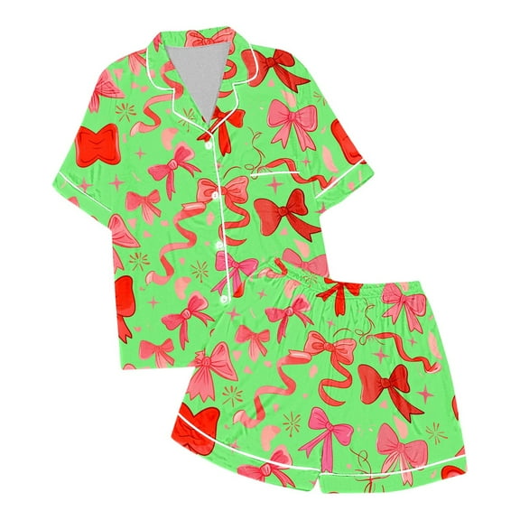RMGVDSD Girls Button Down Pajama Sets Casual Bowknot Print Pajamas For Girls Summer Short Sleeve Shirt And Shorts Kids Sleepwear Set Holiday Loungewear for 2-3 Years