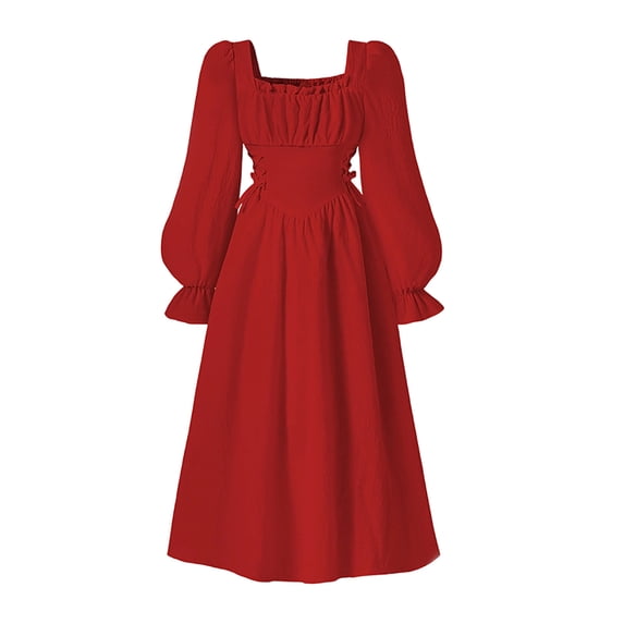 RMGVDSD Girls Casual Sundress Square Neck Girls Party Dress With Puff Sleeves Elegant Waist Defining Flared Gown Autumn Formal Dresses 10-11 Years