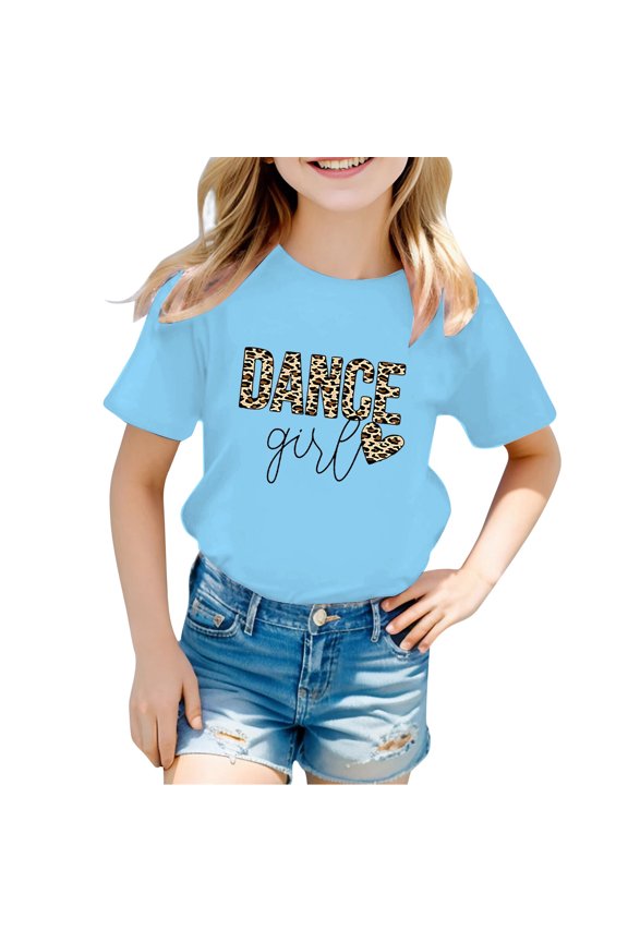 Girls Casual T-Shirts Cartoon Leopard Letter Print Crew Neck Short Sleeve Loose Summer Party Children Breathable Soft Fashion Cute Tee Tops,5-6 Years