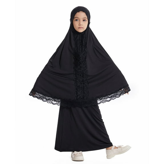 RMGVDSD Girls' Christmas Outfits Girls Clothing 2 Piece Set Ethnic Style Kids Abaya Dress Full Cover Hijab Dress Long Sleeve Tops And Skirt Set Black 12-13 Years
