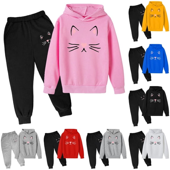 RMGVDSD Girls Clothes 2 Piece Fall Winter Sweatsuits Set Cartoon Graphic Hoodie Sweatshirts and Sweatpants Fashion Casual Jogger Sets 7-8 Years