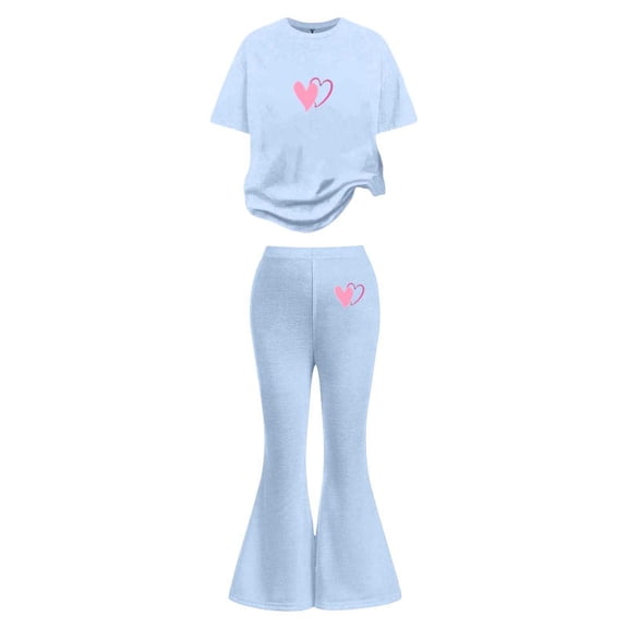 RMGVDSD Girls Clothes 2Pcs Heart Print Short Sleeve Crewneck T Shirts And Flared Pants Set Stylish Valentine'S Day Outfits Kids Daily Wear Cute Spring Clothes