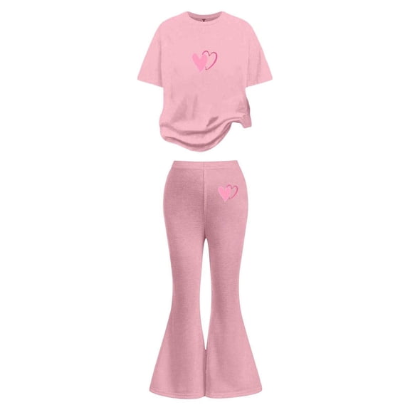 RMGVDSD Girls Clothes 2Pcs Heart Print Short Sleeve Crewneck T Shirts And Flared Pants Set Stylish Valentine'S Day Outfits Kids Daily Wear Kids Clothing Sets