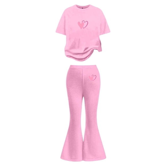 RMGVDSD Girls Clothes 2Pcs Heart Print Short Sleeve Crewneck T Shirts And Flared Pants Set Stylish Valentine'S Day Outfits Kids Daily Wear Little Girl Clothes