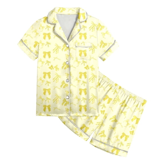 RMGVDSD Girls Clothes 2Pcs Outfits Children's Casual Loungewear Set Bow Printed Button-Up Lapel Short Sleeve Tops And Shorts Casual Outfit 13 Years