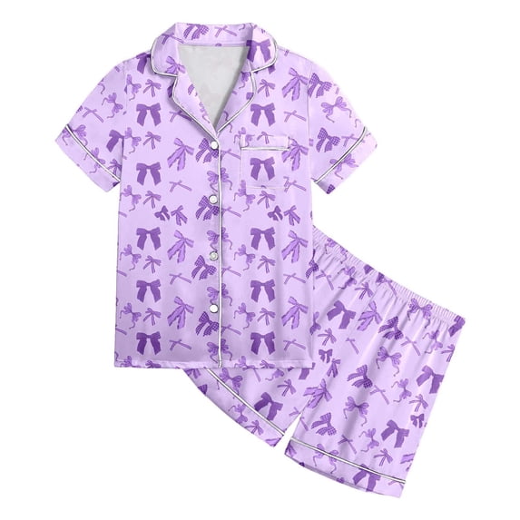 RMGVDSD Girls Clothes 2Pcs Outfits Children's Casual Loungewear Set Bow Printed Button-Up Lapel Short Sleeve Tops And Shorts Casual Outfit 9-10 Years