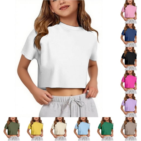 RMGVDSD Girls Crop Tops Summer Short Sleeve T-Shirts for Girl Crew Neck T Shirts Casual Basic Tees Solid Color Fashion Tee Shirt 13-14 Years