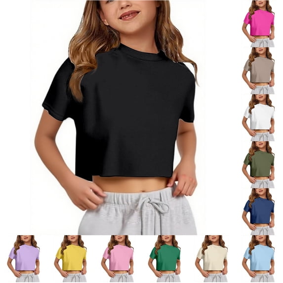 RMGVDSD Girls Crop Tops Summer Short Sleeve T-Shirts for Girl Crew Neck T Shirts Casual Basic Tees Solid Color Fashion Tee Shirt 5-6 Years