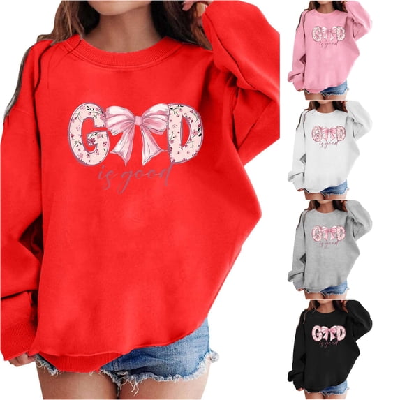 RMGVDSD Girls Cute Bow Graphic Print Sweatshirts Long Sleeve Crewneck Pullover Tops Kids Drop Shoulder Sweatshirt Trendy Preppy Clothes 5-6 Years
