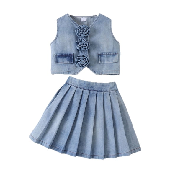 RMGVDSD Girls Denim Outfits Set Sleeveless Button Down Denim Jeans Vest And A-Line Pleated Mini Skirt Set Elegant Style Clothes Classic Outfits Set
