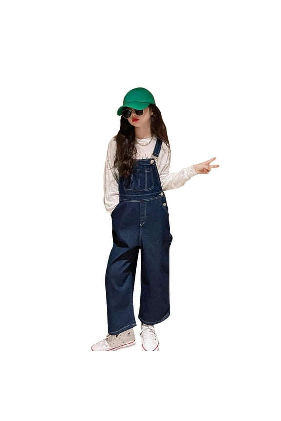 Girls Denim Overalls Kids Baggy Denim Bib Distressed Jumpsuit Wide Leg Jeans Adjustable Denim Cute Jumper Jumpsuits Pants Straight Long Trousers For 4-5 Years