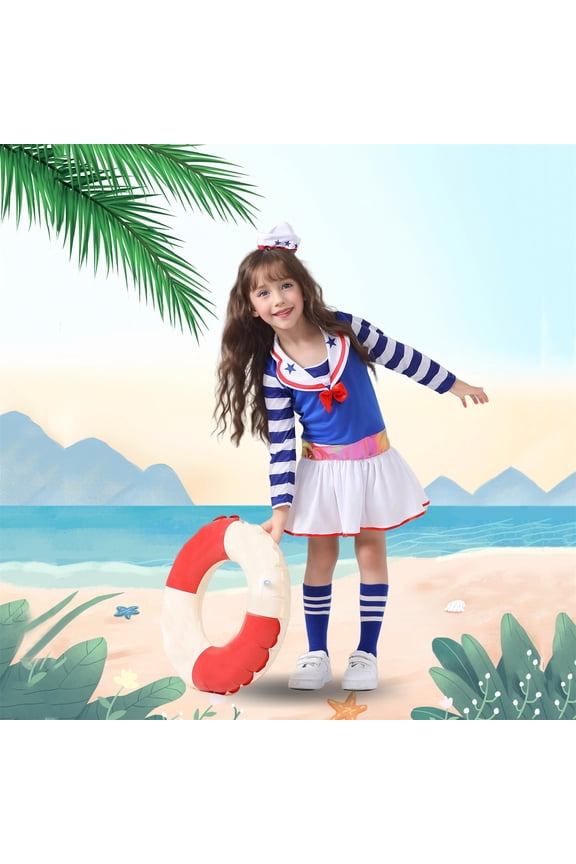 Girls Dress Sailor School Uniform Dresses With Hat For Kids Dress 4Th Of July Outfit Striped Long Sleeve Sundress With Socks Set Cute Cartoon Sets
