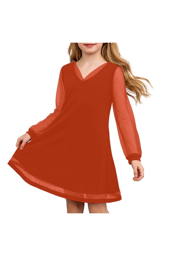 Girls Dresses Girl's Contrast Mesh Puff Long Sleeve V Neck Dress Short High Waist A-Line Party Dress For Kids Formal Sundress Girls Dress Clothes