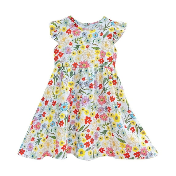 RMGVDSD Girls Dresses Summer Floral Print Knee Length Ruffle Sleeve Swing A-Line Cute Midi Casual Sundress Fashion Little Girl's Dress Girls Dress Clothes