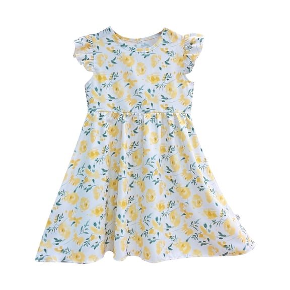 RMGVDSD Girls Dresses Summer Floral Print Knee Length Ruffle Sleeve Swing A-Line Cute Midi Casual Sundress Fashion Little Girl's Dress Spring Carnival Dress