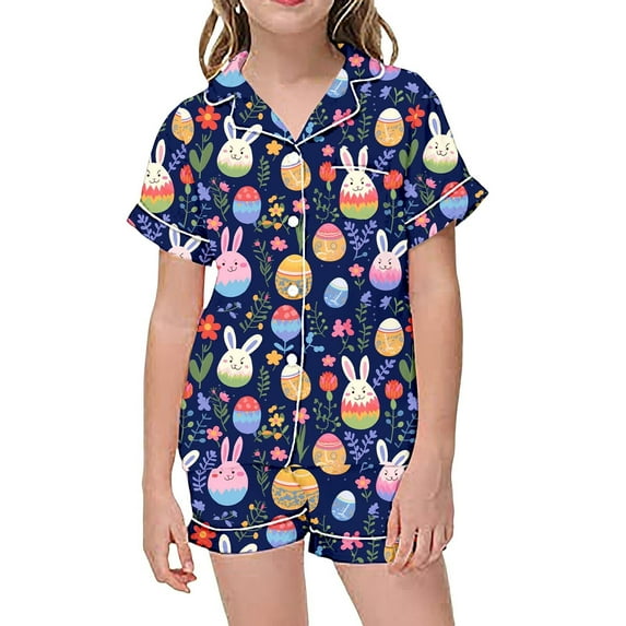RMGVDSD Girls Easter Day Pajamas Set Children's Fashion Cute Easter Printed Button Down Lapel Short Sleeved Top Shorts Sleepwear Set Holiday Cozy Nightwear