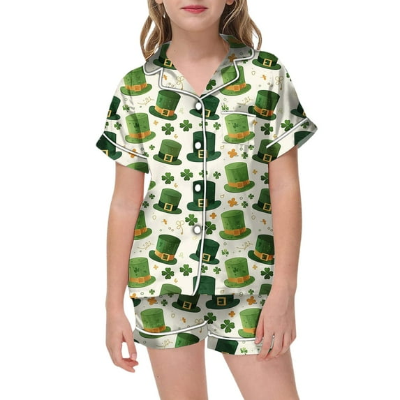 RMGVDSD Girls Easter Day Pajamas Set Girls' Pajamas St. Patrick's Day Printed Short Sleeved Button Down Shirt Tops Shorts Sleepwear Set Comfy Nightwear Outfit