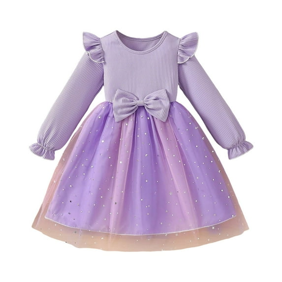 RMGVDSD Girls Easter Dresses Girls Long Sleeve Star Print Tulle Dress With Bow Elegant Party Dresses Spring Autumn Sundress School Wear 4-5 Years