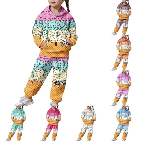 RMGVDSD Girls Fashion Sweatsuits Casual Ice Cream Print Hoodie Long Sleeve Sweatshirts and Pants Set Comfort Fit Kids Fall Clothing Sets 3-4 Years