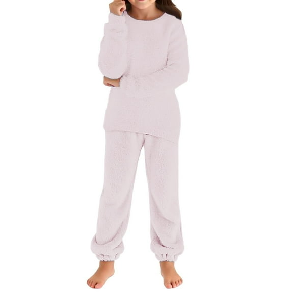 RMGVDSD Girls Fuzzy Pants Set Autumn Winter Outfits Solid Colot Long Sleeve Crewneck Pullover Tops And Pants 2 Piece Homewear Set Classic Outfits Set
