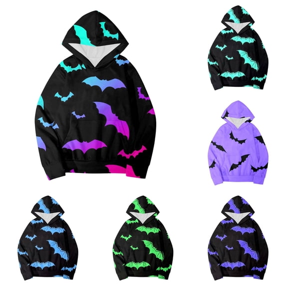 RMGVDSD Girls Halloween Bat Print Hoodie Pullover Tops Long Sleeve Hooded Sweatshirts Fall Winter Outfits Kids Casual Hoodies Loose Fit Fall Girl Clothes 6-7 Years
