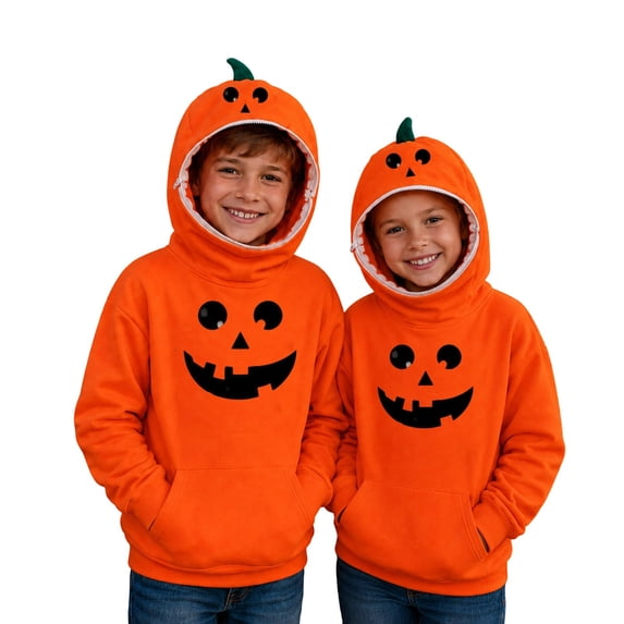 RMGVDSD Girls Halloween Hoodies Cute Pumpkin Face Zip Up Hooded Sweatshirt Soft Orange Pullover Tops with Pockets Fall Festival Outfit Casual Girl Clothes 4-5 Years