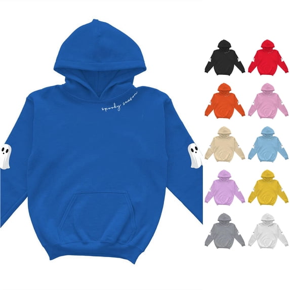 RMGVDSD Girls Halloween Hoodies Ghost Print Long Sleeve Pullover Hooded Sweatshirts Kids Vintage Casual Loose Fit Tops Fall Winter Comfort Sweatshirt 5-6 Years