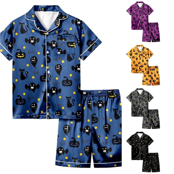 RMGVDSD Girls Halloween Pajamas Set 2 Piece Sleepwear Kids Cartoon Print Short Sleeve Shirt and Shorts Pajama Sets Stylish Loungewear 6-7 Years