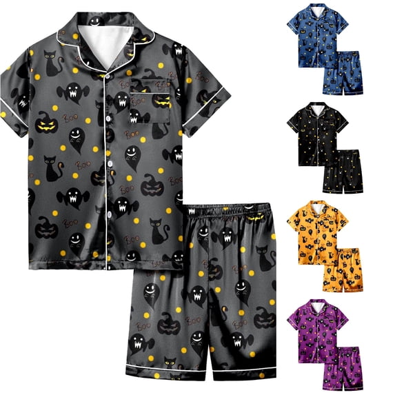 RMGVDSD Girls Halloween Pajamas Set 2 Piece Sleepwear Kids Cartoon Print Short Sleeve Shirt and Shorts Pajama Sets Stylish Loungewear 8-9 Years