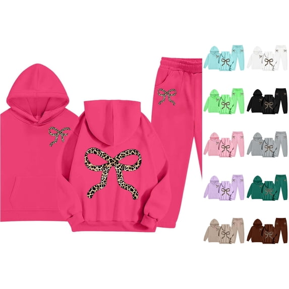 RMGVDSD Girls Hoodie Leopard Bow Print Sweatsuits 2 Piece Outfit Set Long Sleeve Sweatshirts and Sweatpants Sets Girl Fashion Fall Outfits 8-9 Years